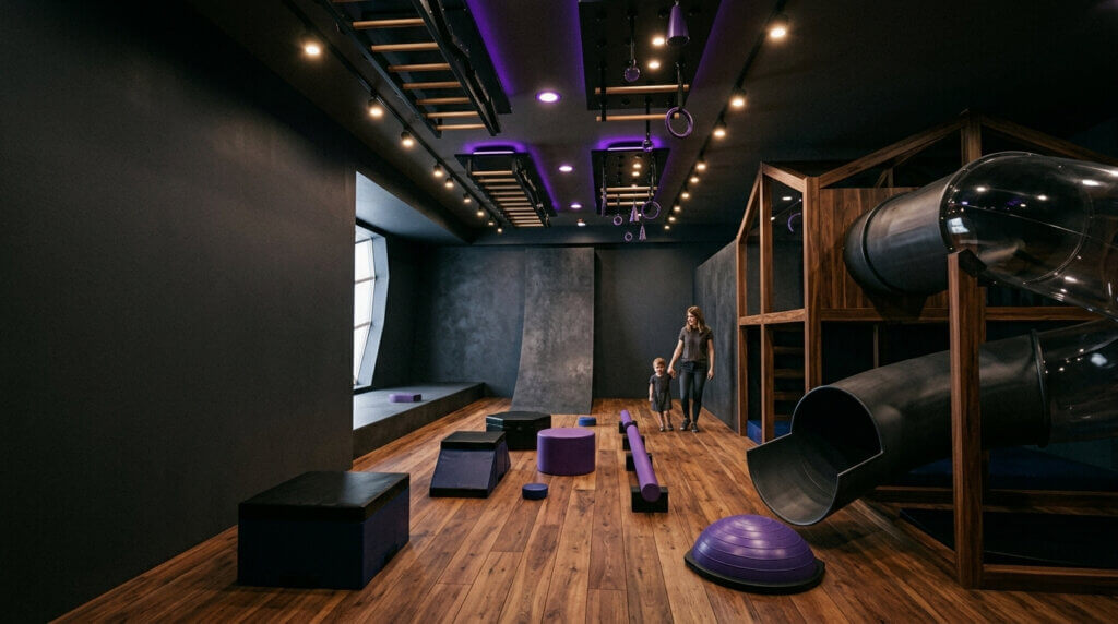 Space-saving indoor residential ninja warrior course engineered for low-clearance basements and playrooms with high-density crash matting.