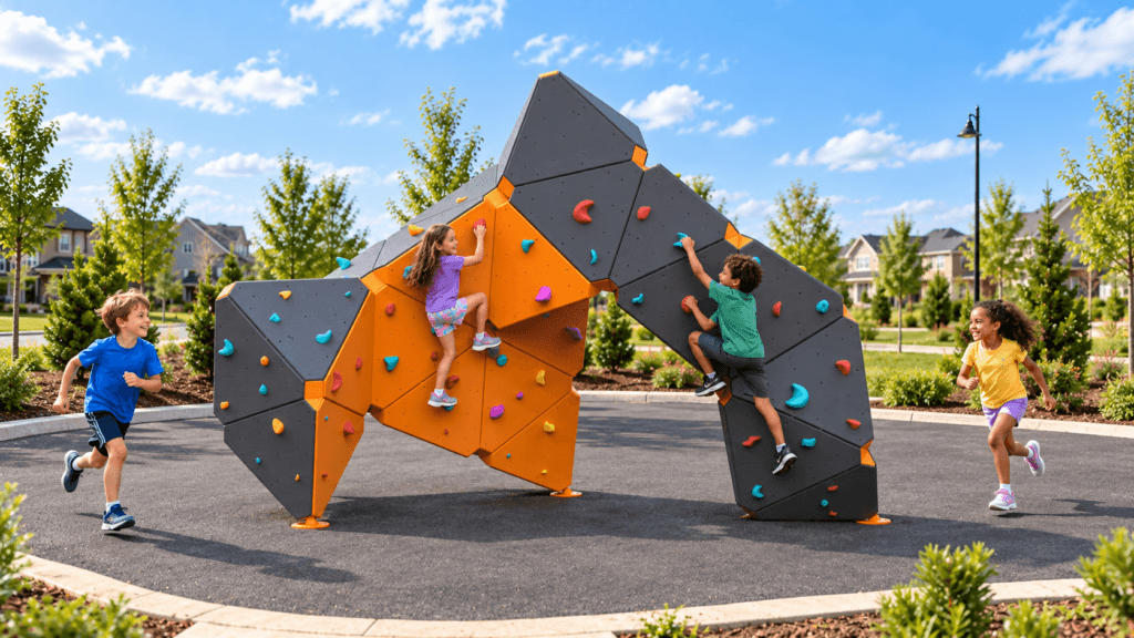 Grey Orange Playground Boulder-image-with-children Grey Orange Playground Boulder-image-with-children