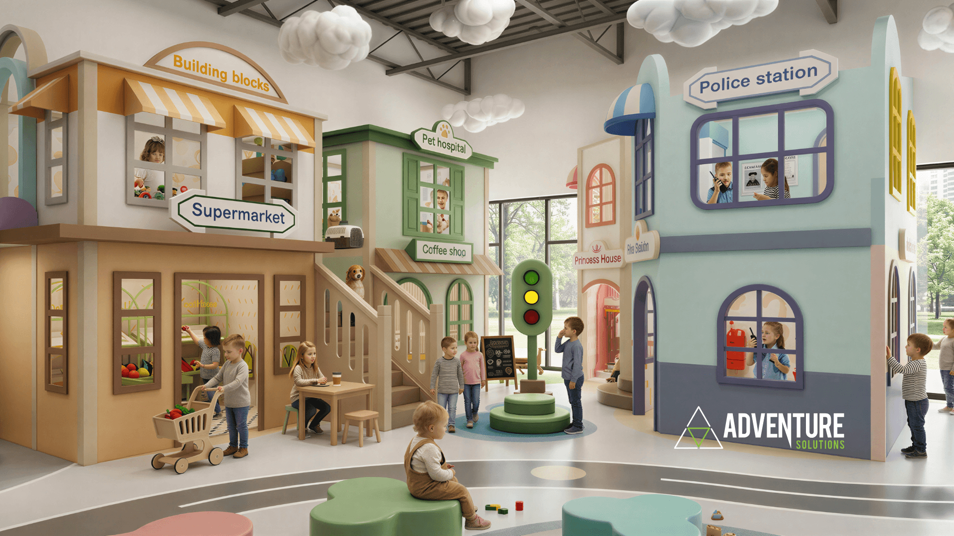 Interactive Role Play Environments Detailed 3D design rendering of an interactive role play environment featuring a mini police station, pet hospital, and interactive traffic light.