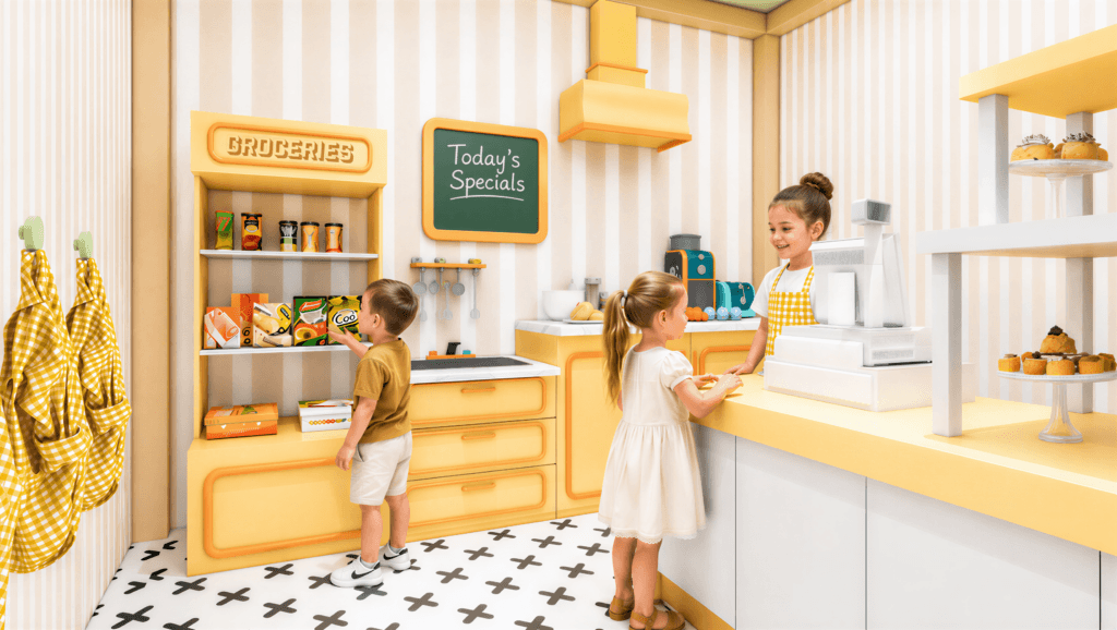 Interactive Role Play Environments Children shopping in a miniature grocery store within a commercial interactive role play environment.